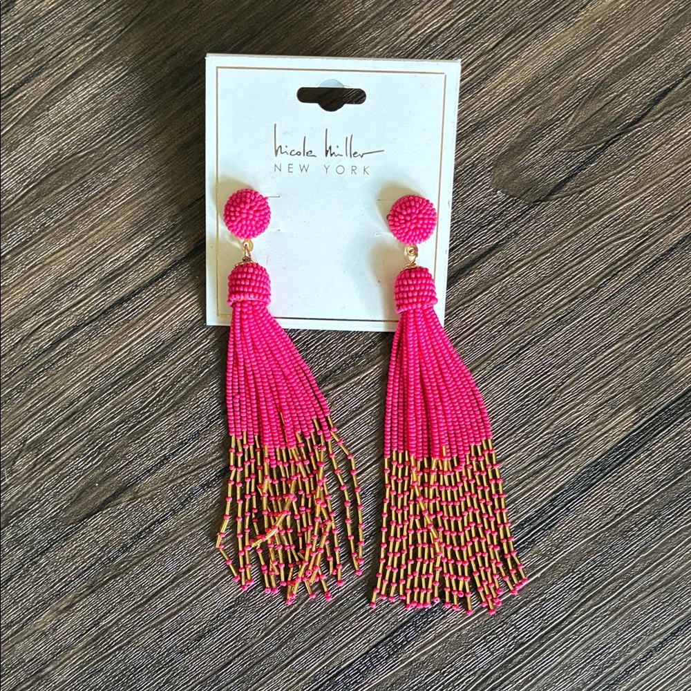 Nicole Miller Hot Pink and Gold Beaded Tassel Earrings Costume Formal